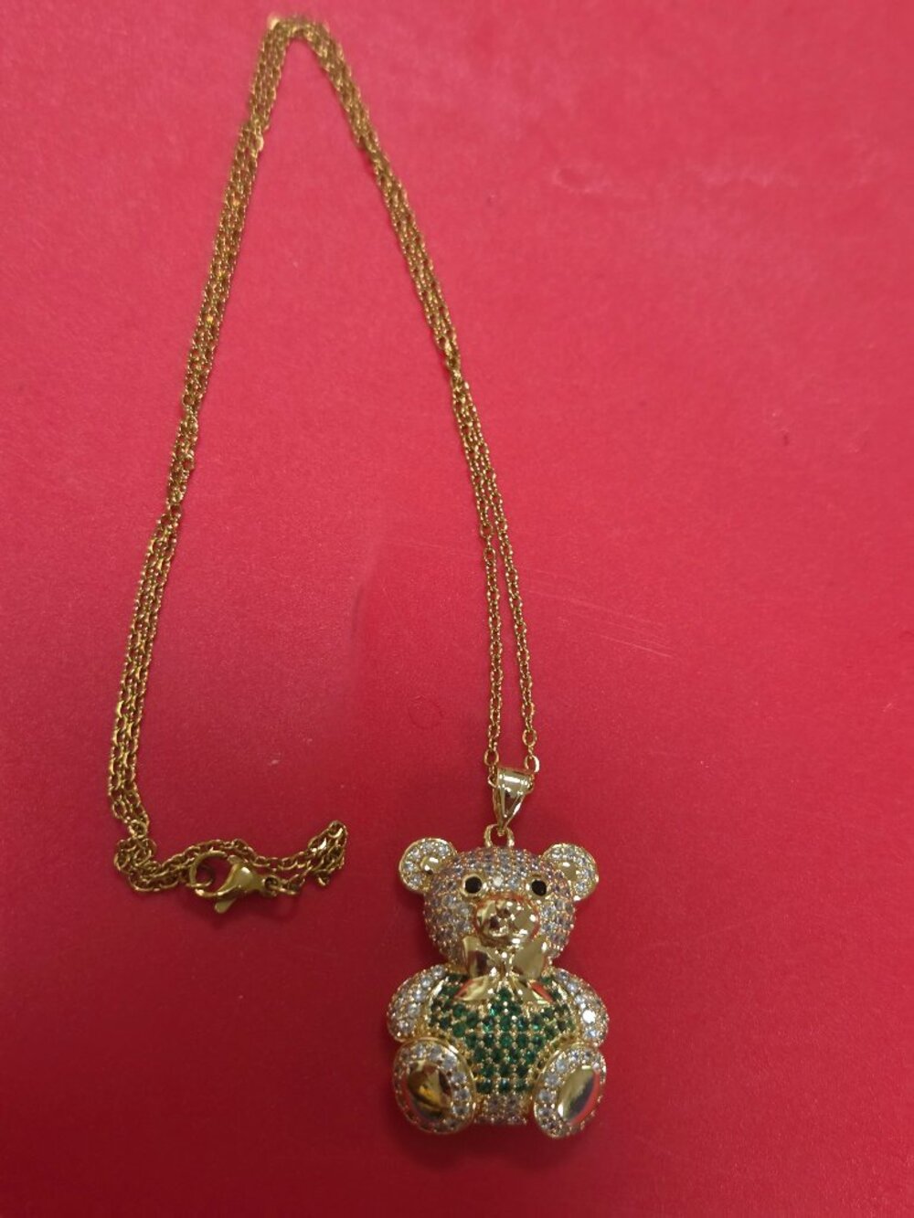 SIMULATED MULTI COLOR DIAMOND TEDDY BEAR PENDANT WITH STAINLESS CHAIN 20 INCHES